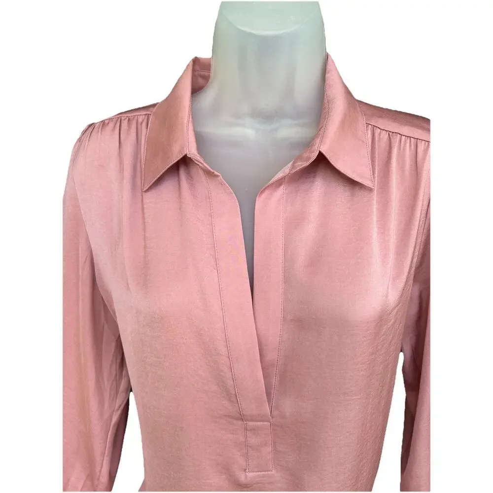 Banana Republic Pink Satin Blouse Size Med V-Neck Pleated Puff Long Sleeve Top